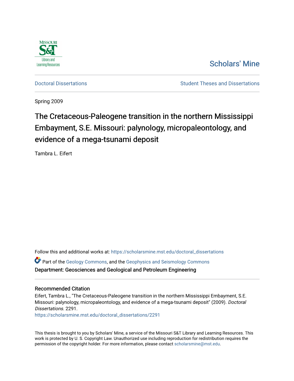 The Cretaceous-Paleogene Transition in the Northern Mississippi Embayment, S.E