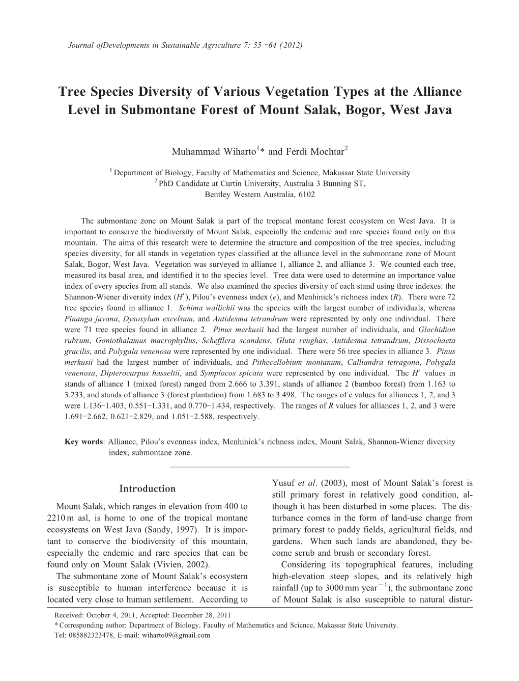 Tree Species Diversity of Various Vegetation Types at the Alliance Level in Submontane Forest of Mount Salak, Bogor, West Java