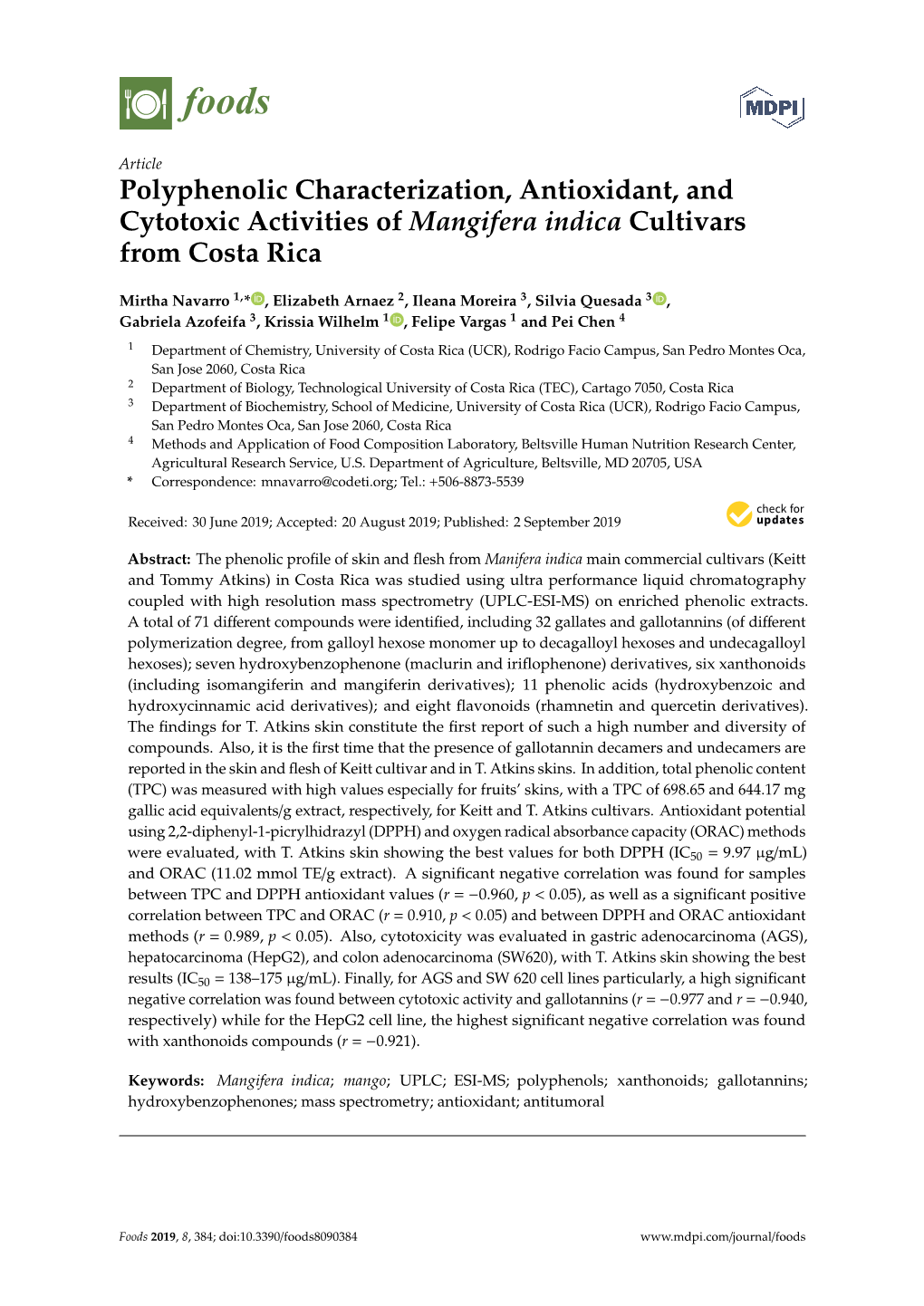 Polyphenolic Characterization, Antioxidant, and Cytotoxic Activities of Mangifera Indica Cultivars from Costa Rica