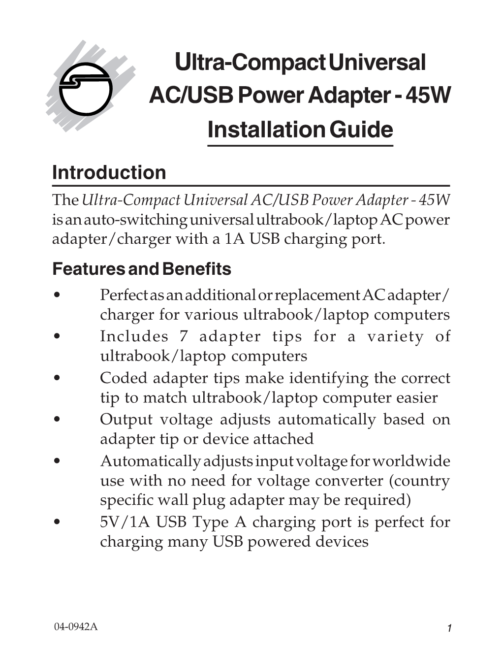 Ultra-Compact Universal AC/USB Power Adapter - 45W Installation Guide