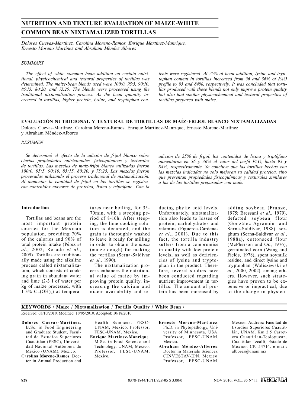 Nutrition and Texture Evaluation of Maize-White Common Bean Nixtamalized Tortillas