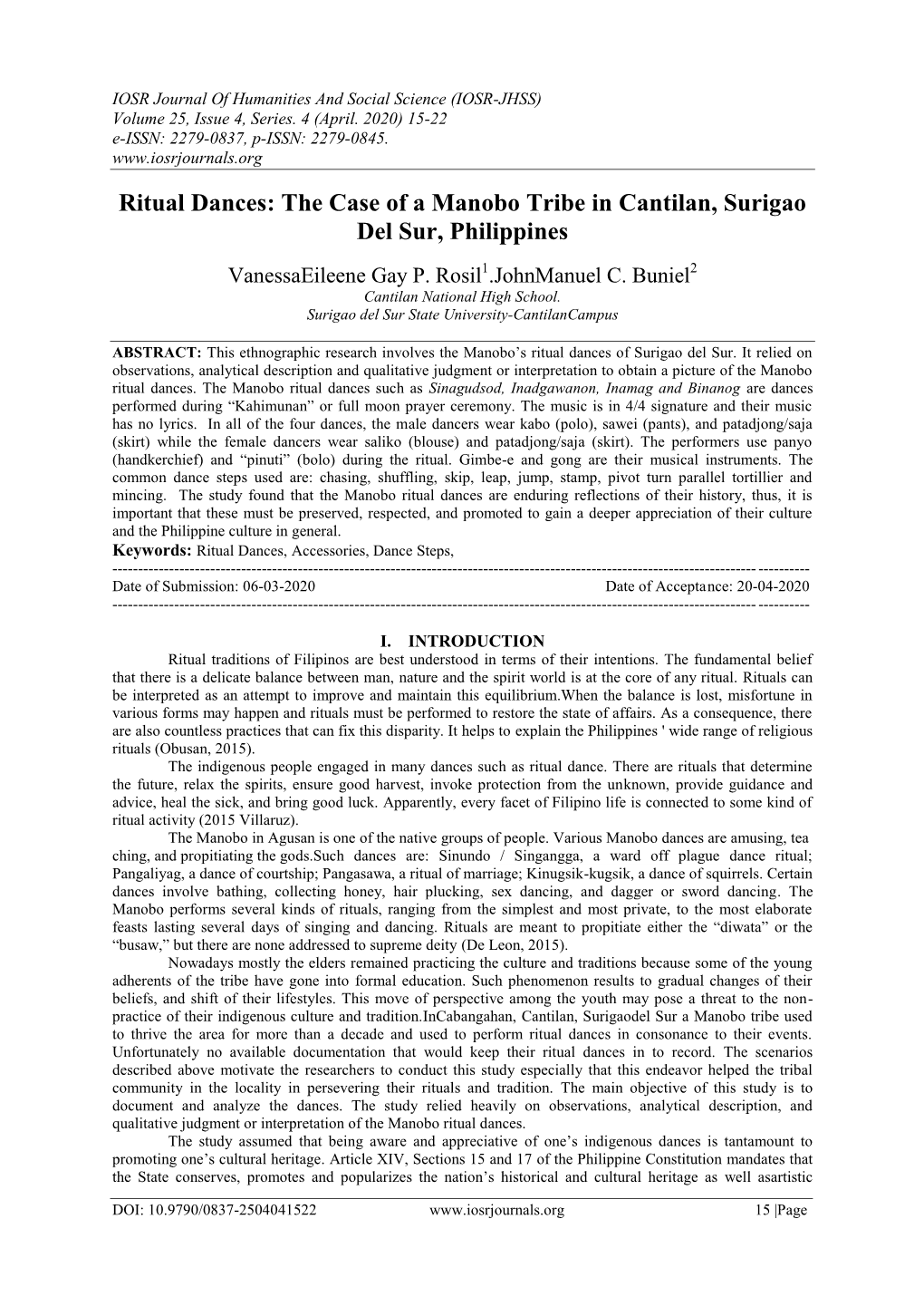 Ritual Dances: the Case of a Manobo Tribe in Cantilan, Surigao Del Sur, Philippines