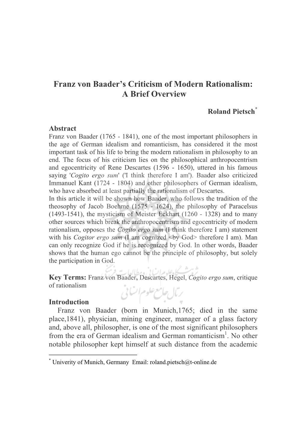 Franz Von Baader's Criticism of Modern Rationalism: a Brief Overview