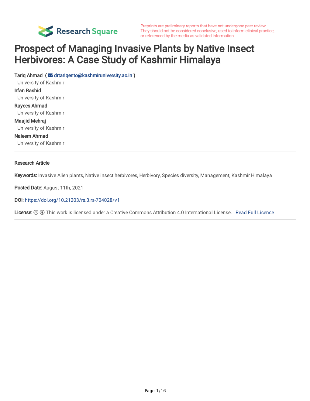 Prospect of Managing Invasive Plants by Native Insect Herbivores: a Case Study of Kashmir Himalaya