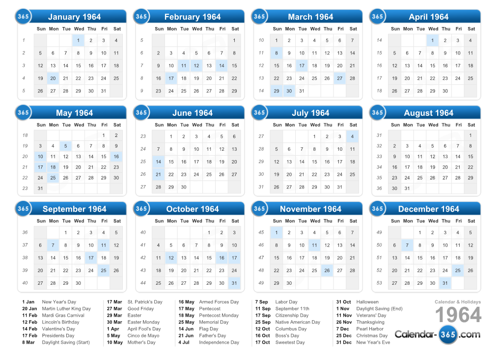 Calendar 1964 & Holidays 1964