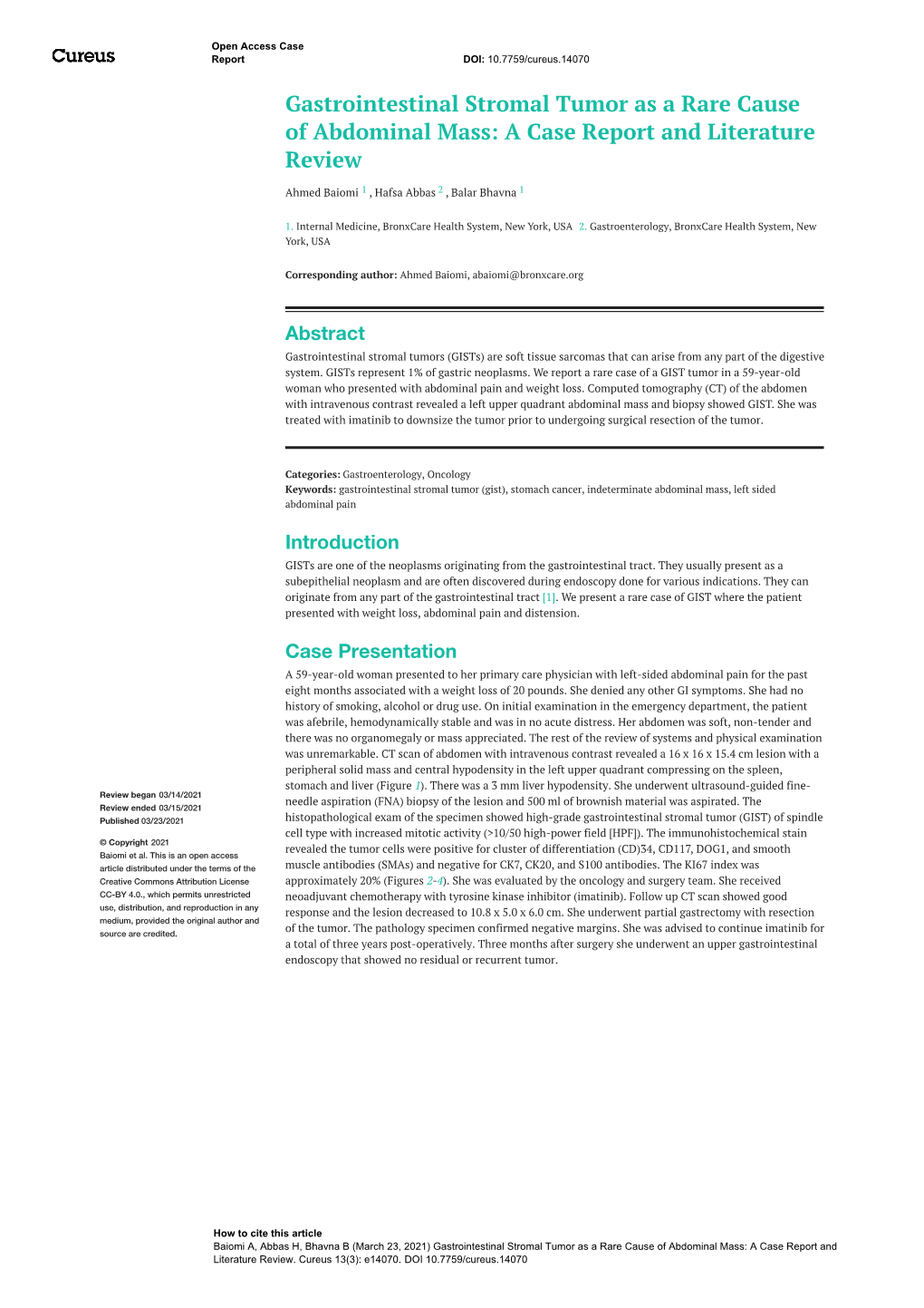 Gastrointestinal Stromal Tumor As a Rare Cause of Abdominal Mass: a Case Report and Literature Review