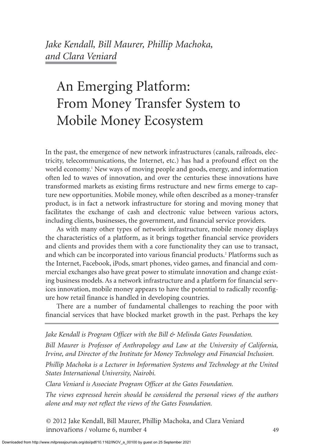 An Emerging Platform: from Money Transfer System to Mobile Money Ecosystem