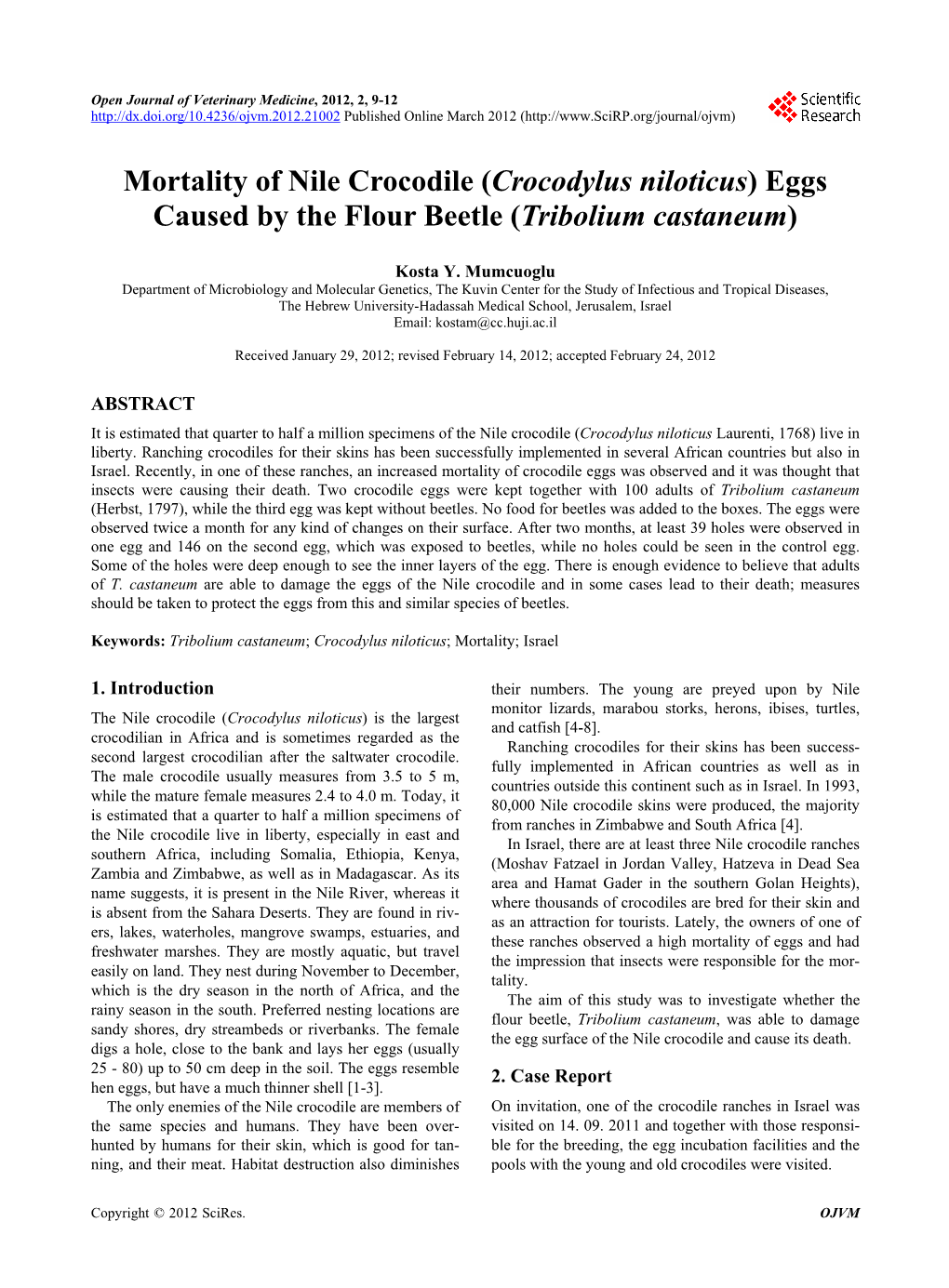 Mortality of Nile Crocodile (Crocodylus Niloticus) Eggs Caused by the Flour Beetle (Tribolium Castaneum)