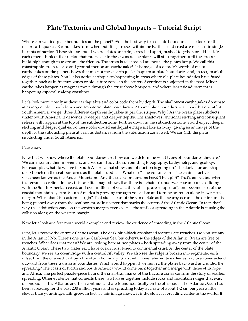 Plate Tectonics and Global Impacts – Tutorial Script