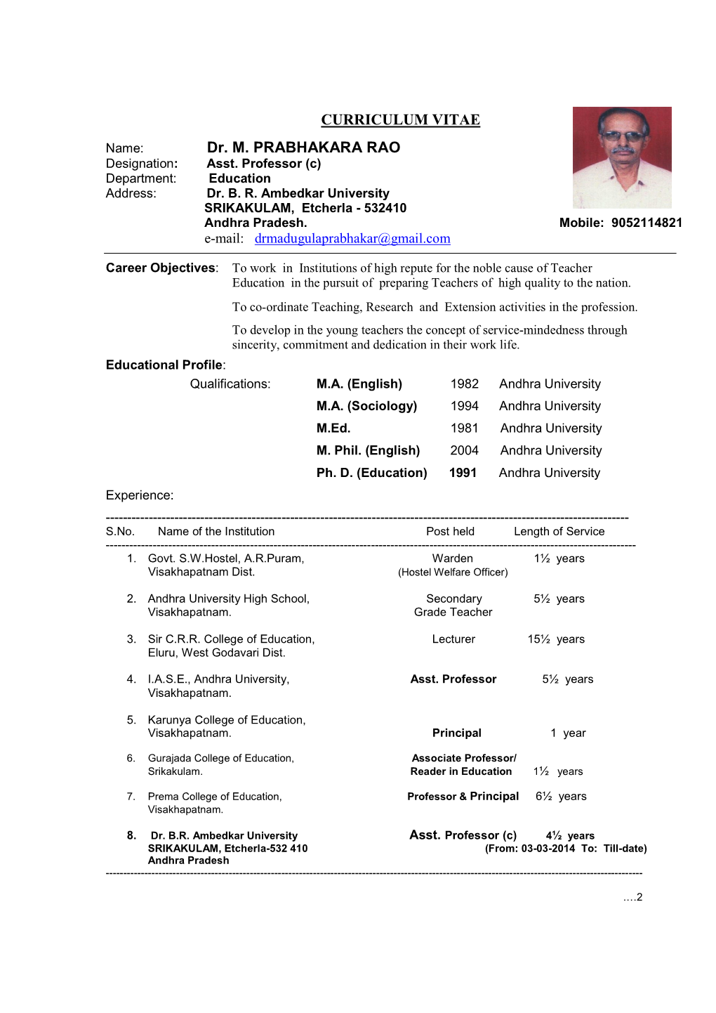 CURRICULUM VITAE Dr. M. PRABHAKARA