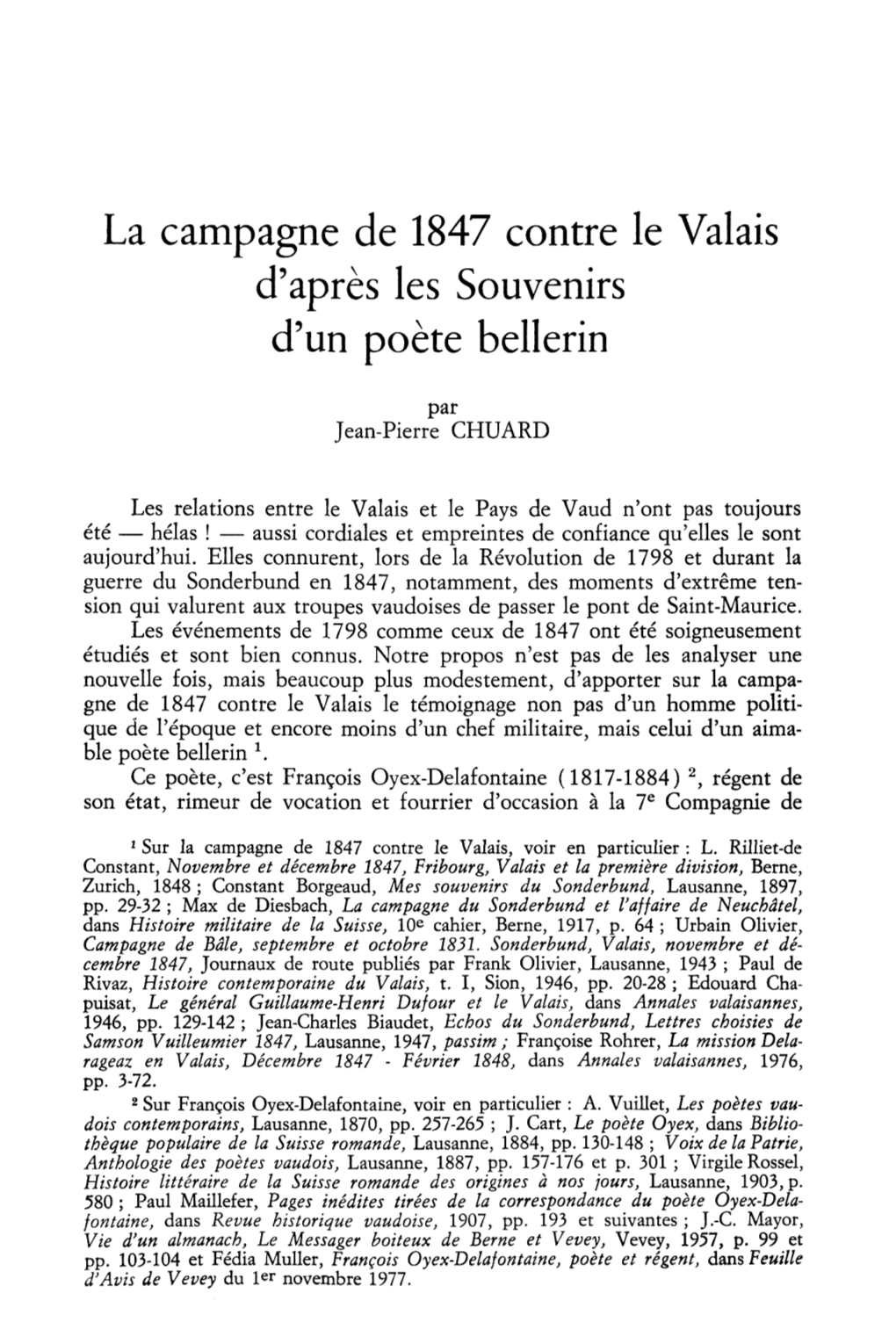 La Campagne De 1847 Contre Le Valais D'après Les Souvenirs D'un Poète Bellerin