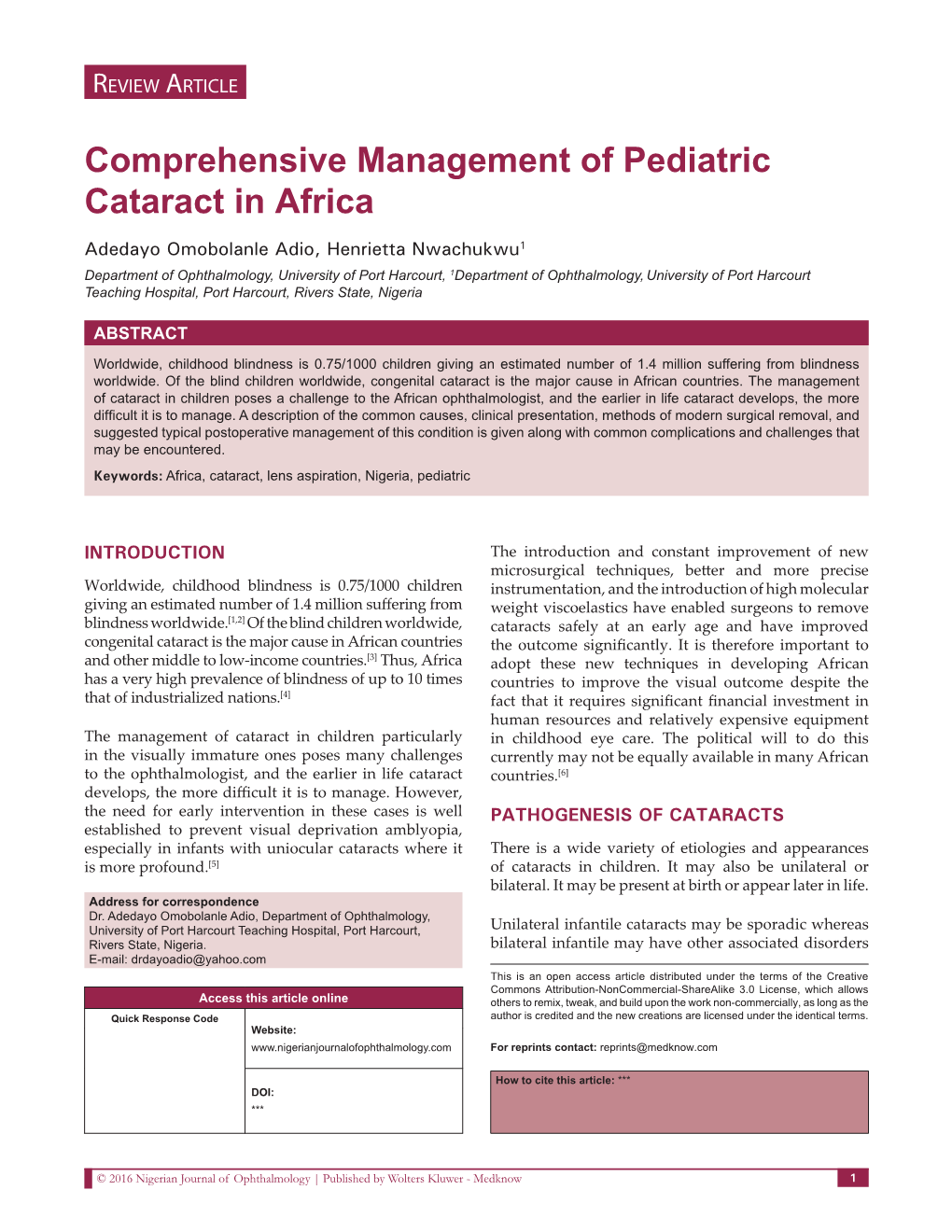 Comprehensive Management of Pediatric Cataract in Africa