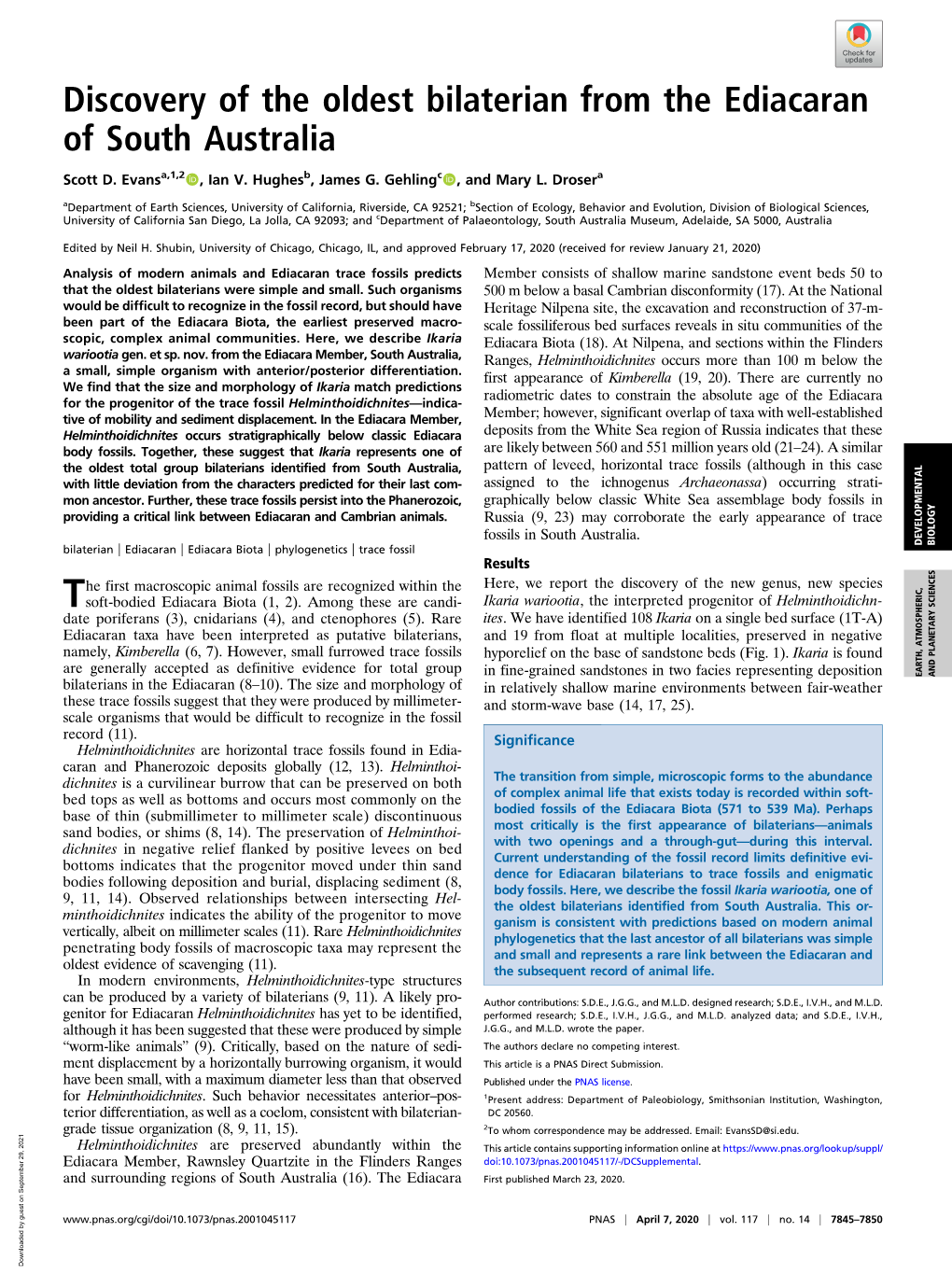 Discovery of the Oldest Bilaterian from the Ediacaran of South Australia