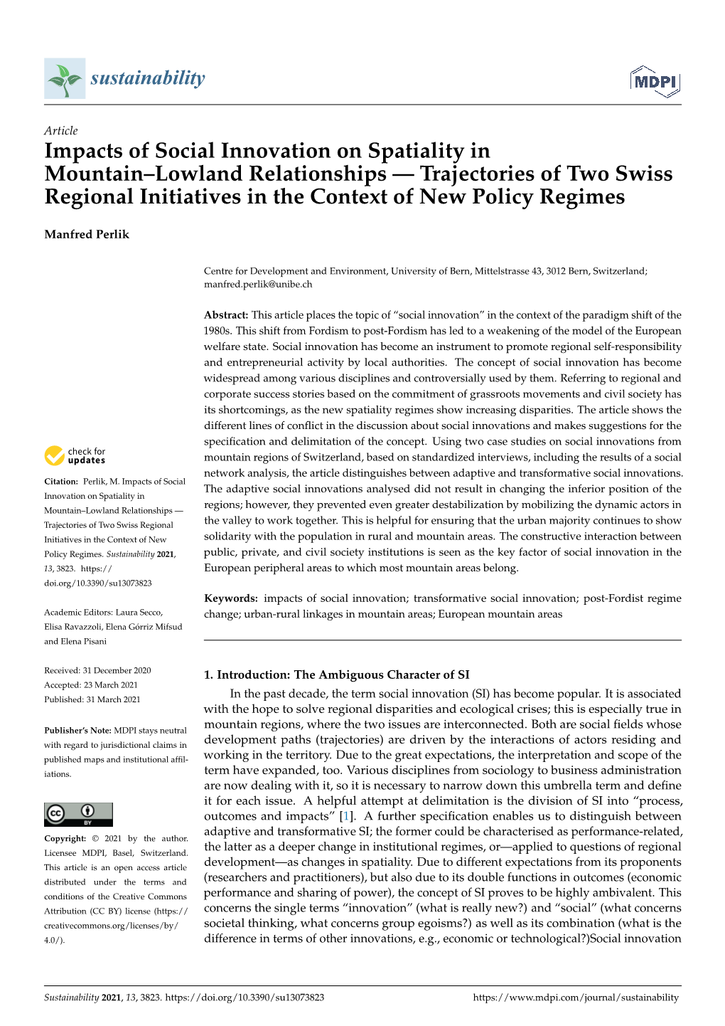 Impacts of Social Innovation on Spatiality in Mountain–Lowland Relationships — Trajectories of Two Swiss Regional Initiatives in the Context of New Policy Regimes