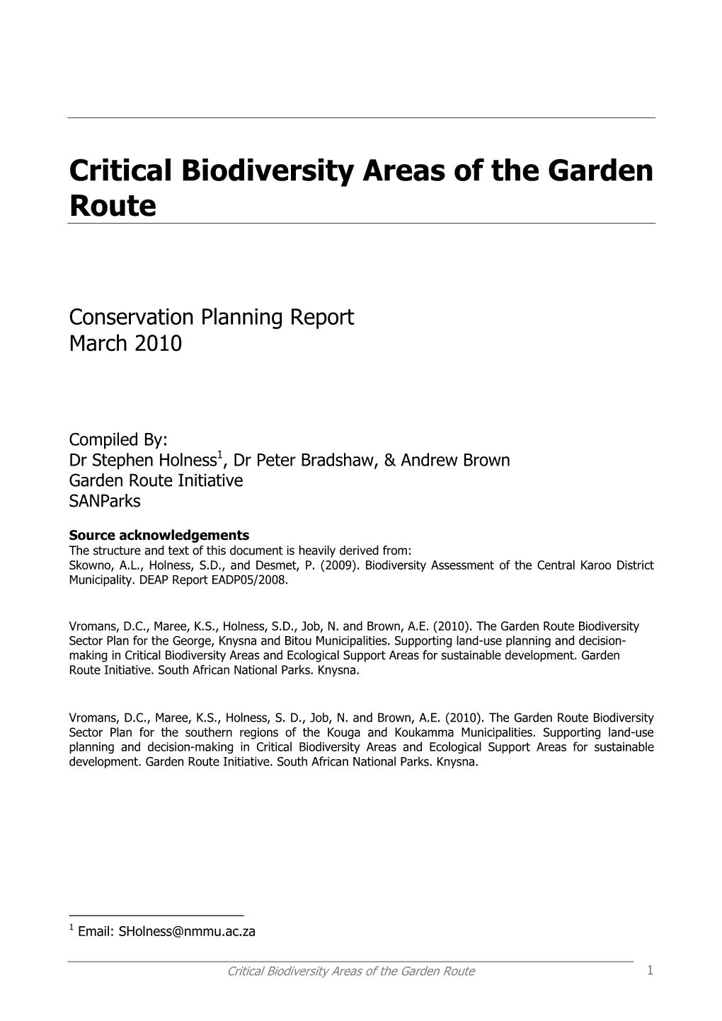 Critical Biodiversity Areas of the Garden Route 1