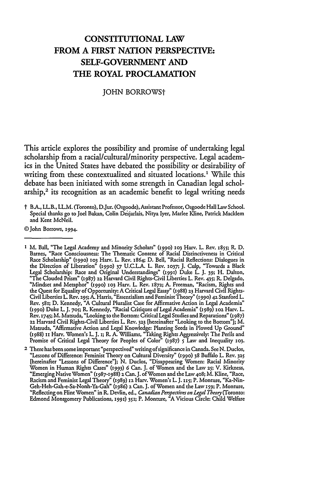 Constitutional Law from a First Nation Perspective: Self-Government and the Royal Proclamation