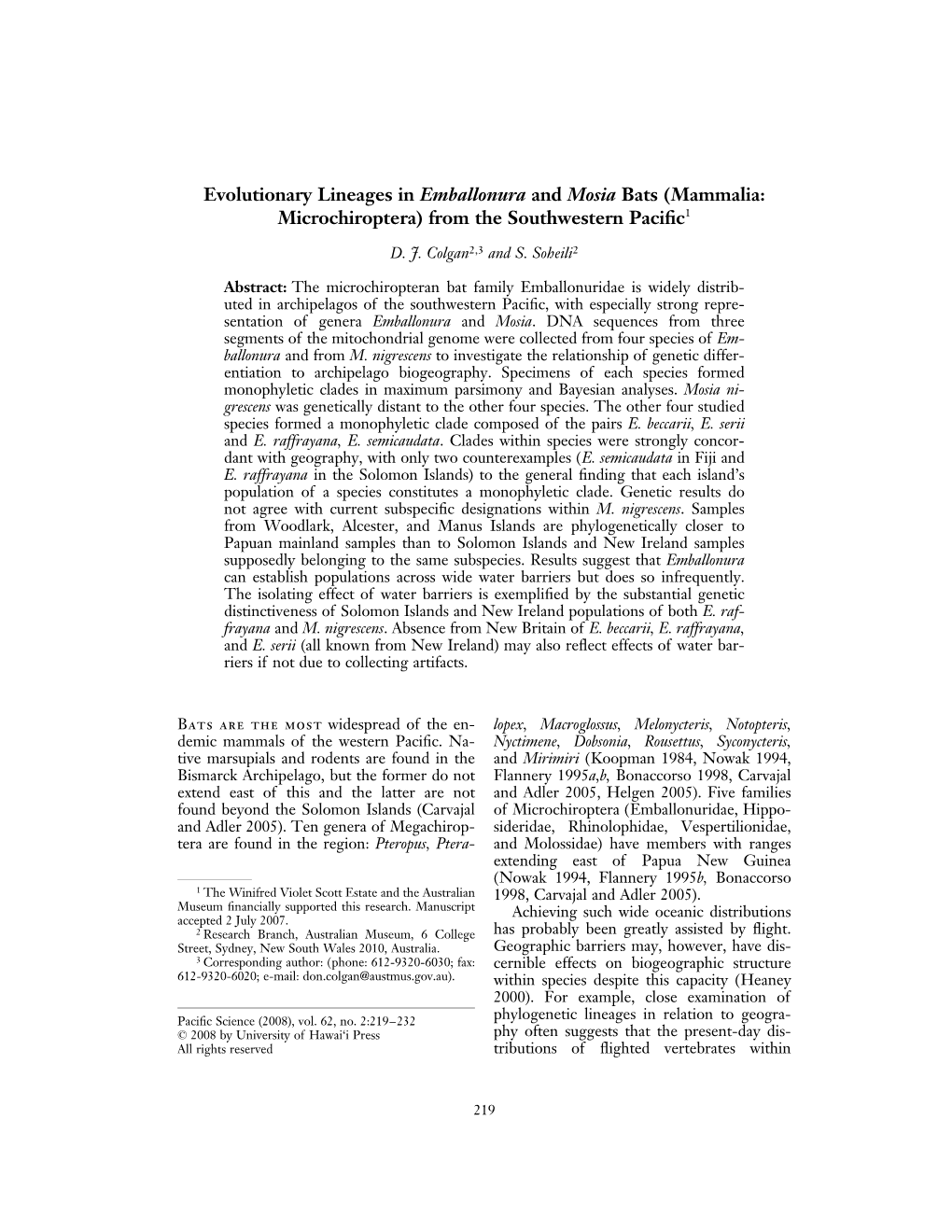 Evolutionary Lineages in Emballonura and Mosia Bats (Mammalia: Microchiroptera) from the Southwestern Paciﬁc1