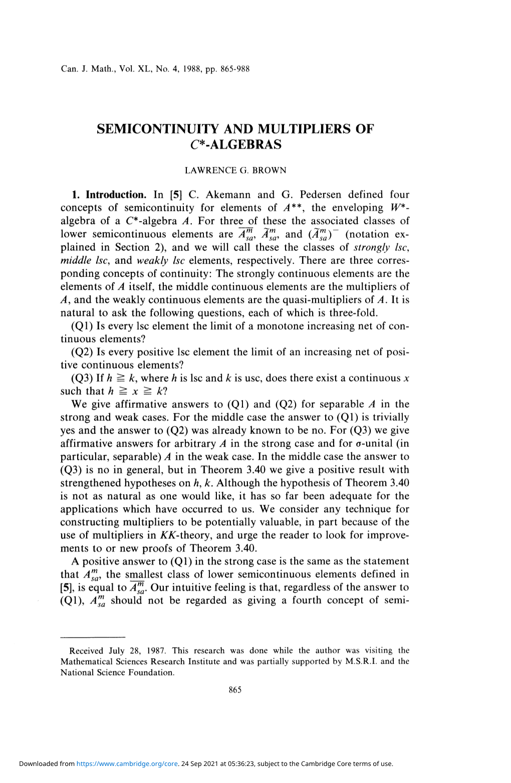 Semicontinuity and Multipliers of C*-Algebras