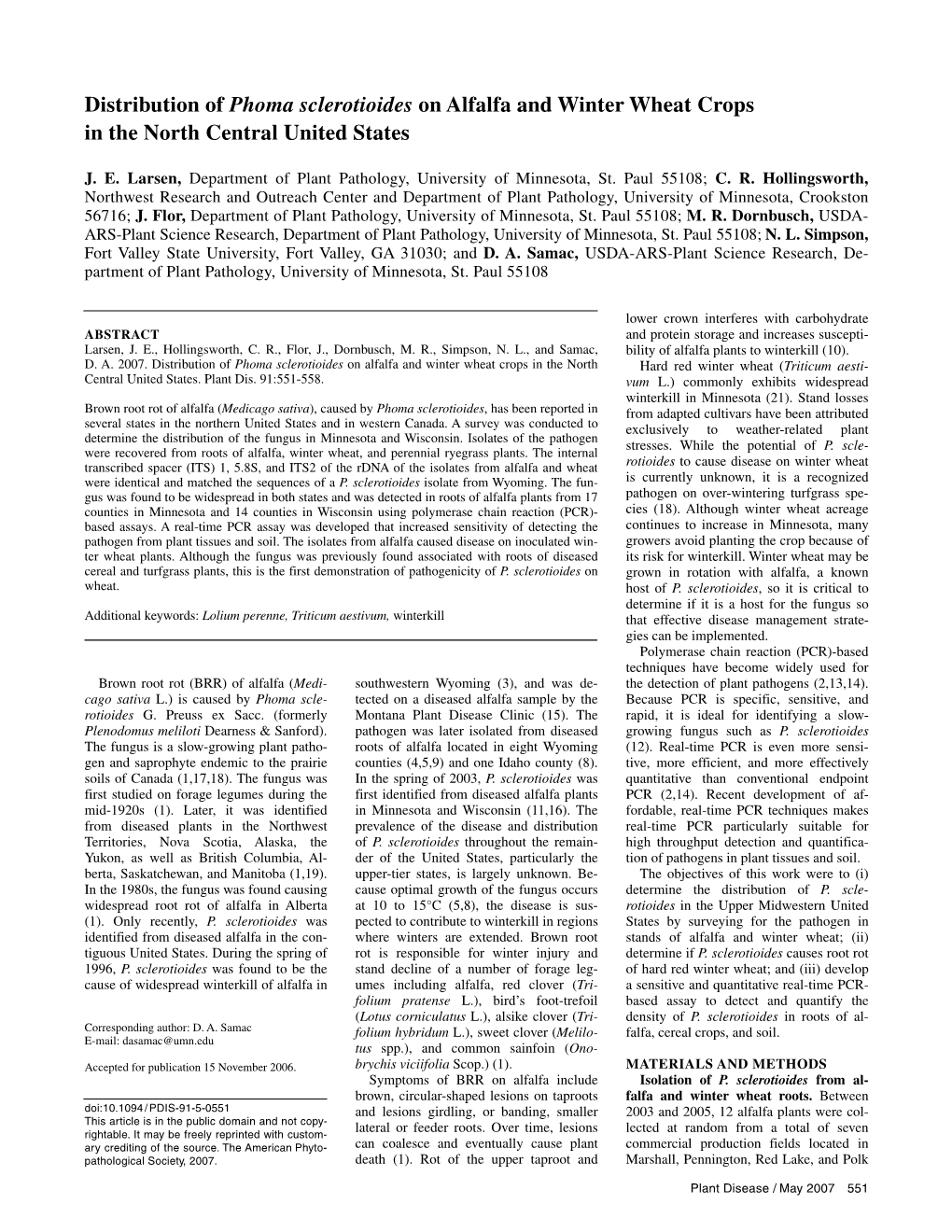 Distribution of Phoma Sclerotioides on Alfalfa and Winter Wheat Crops in the North Central United States