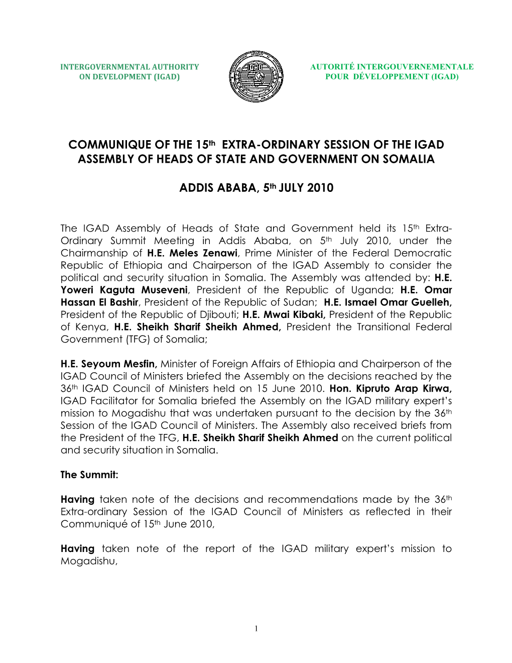 COMMUNIQUE of the 15Th EXTRA-ORDINARY SESSION of the IGAD ASSEMBLY of HEADS of STATE and GOVERNMENT on SOMALIA
