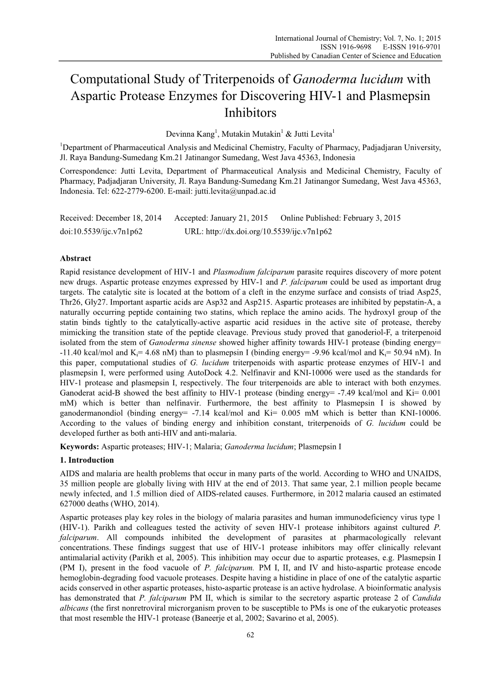 Computational Study of Triterpenoids of Ganoderma Lucidum with Aspartic Protease Enzymes for Discovering HIV-1 and Plasmepsin Inhibitors