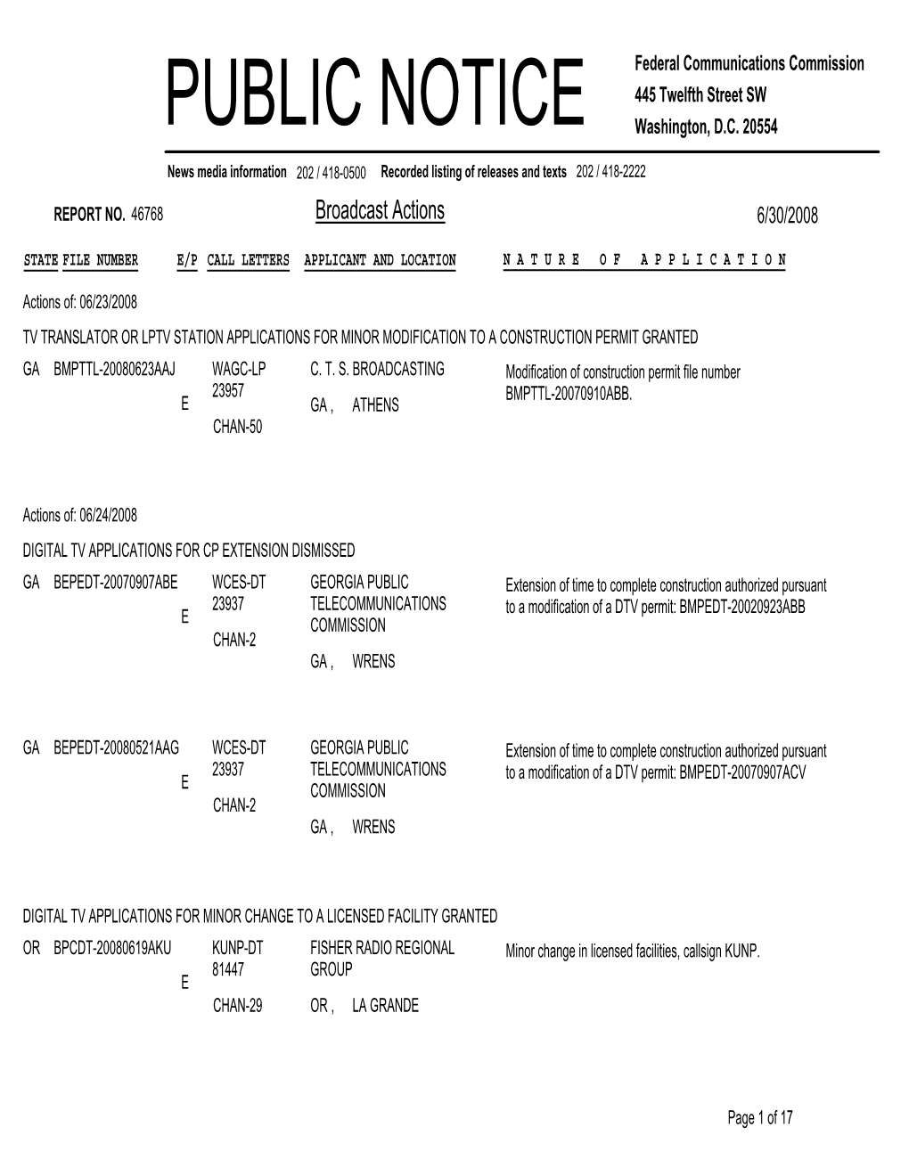 Broadcast Actions 6/30/2008