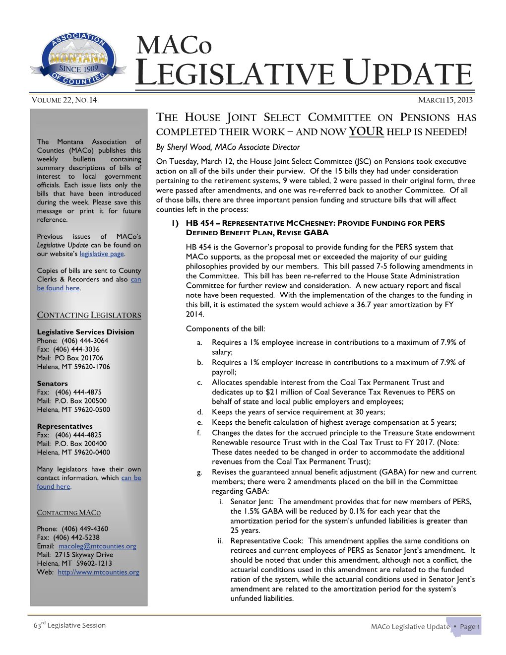 Maco LEGISLATIVE UPDATE VOLUME 22, NO