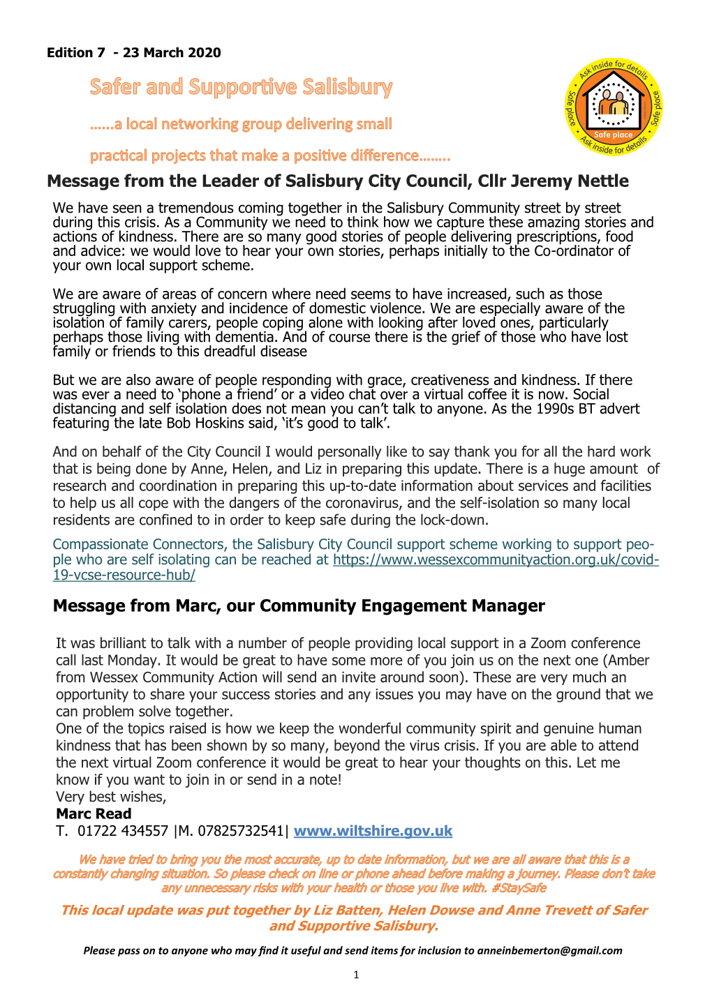 Message from the Leader of Salisbury City Council, Cllr Jeremy Nettle