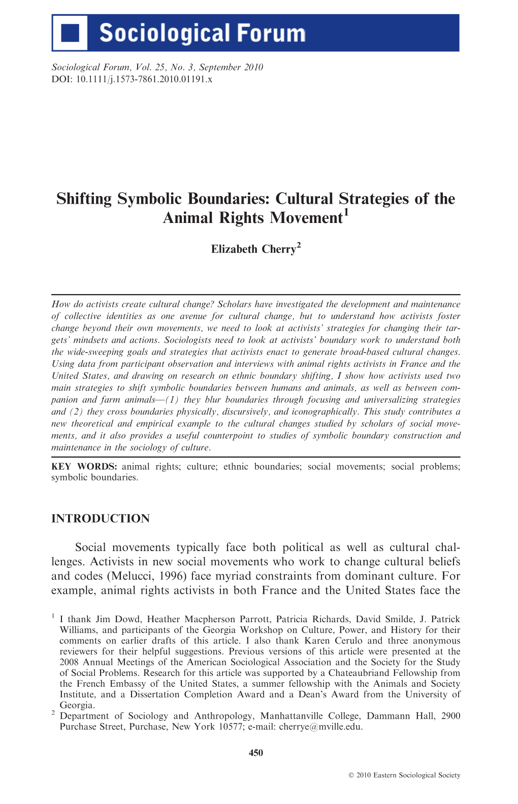 Shifting Symbolic Boundaries: Cultural Strategies of the Animal Rights Movement1