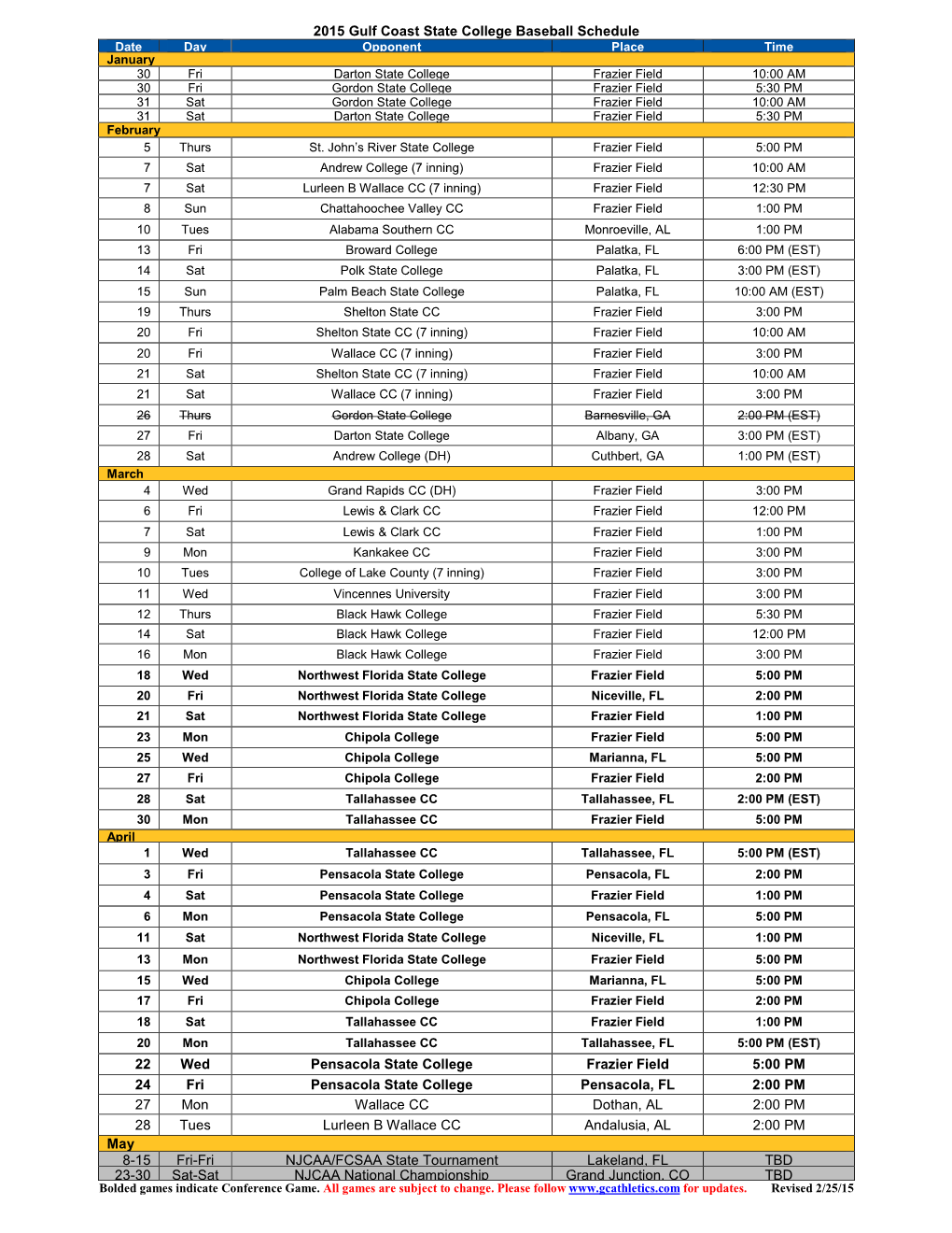 2015 Gulf Coast State College Baseball Schedule 22 Wed
