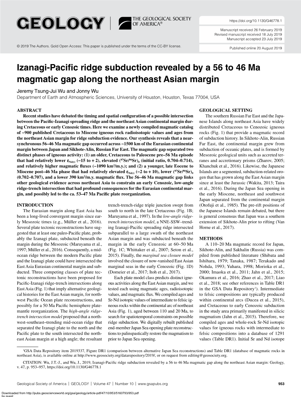 Izanagi-Pacific Ridge Subduction Revealed by a 56 to 46 Ma