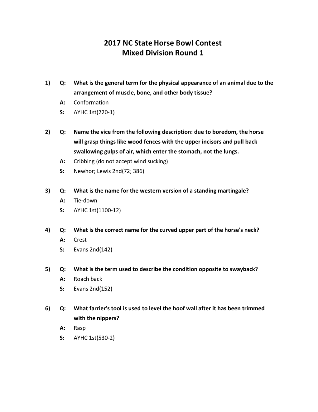 2017 State Mixed Horse Bowl All Questions