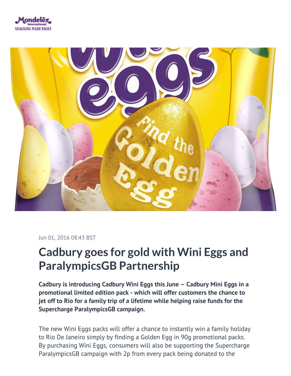 Cadbury Goes for Gold with Wini Eggs and Paralympicsgb Partnership