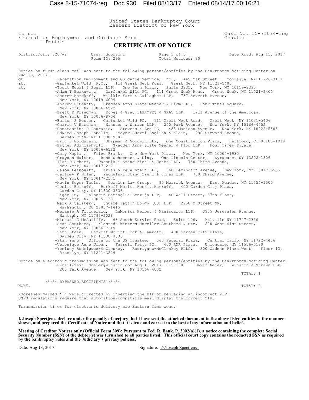 CERTIFICATE of NOTICE Case 8-15-71074-Reg Doc 930 Filed 08/13/17 Entered 08/14/17 00:16:21