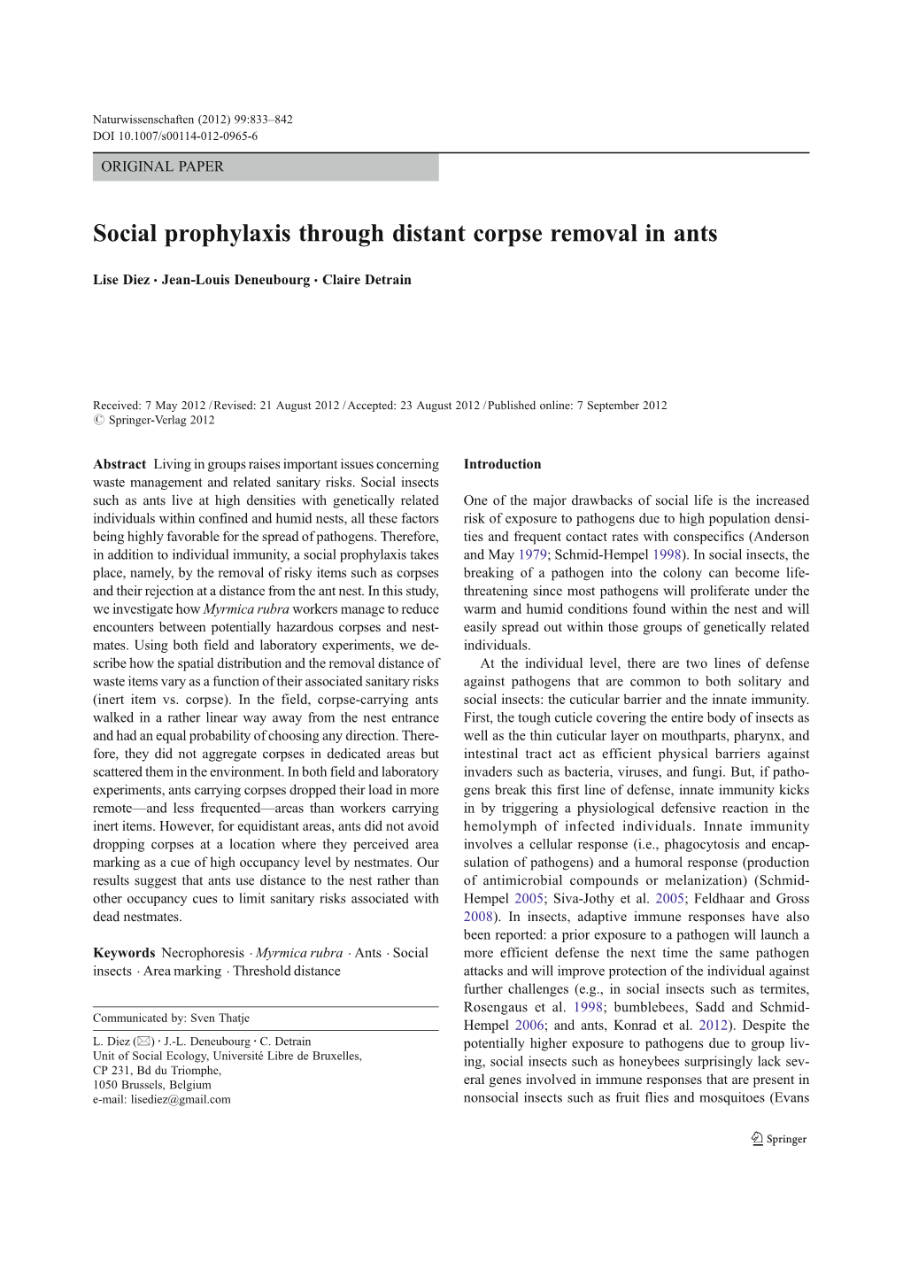 Social Prophylaxis Through Distant Corpse Removal in Ants