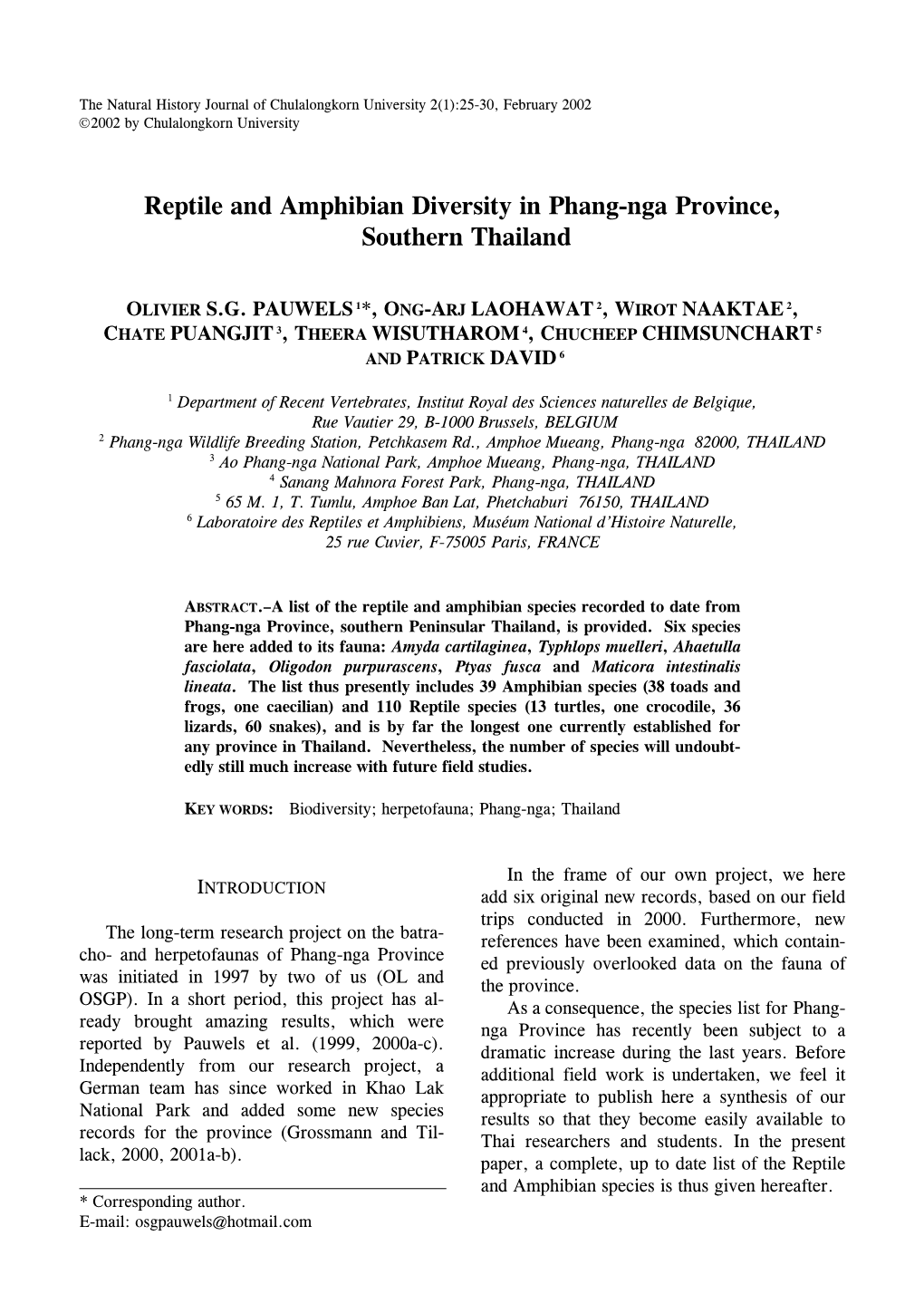 Reptile and Amphibian Diversity in Phang-Nga Province, Southern Thailand