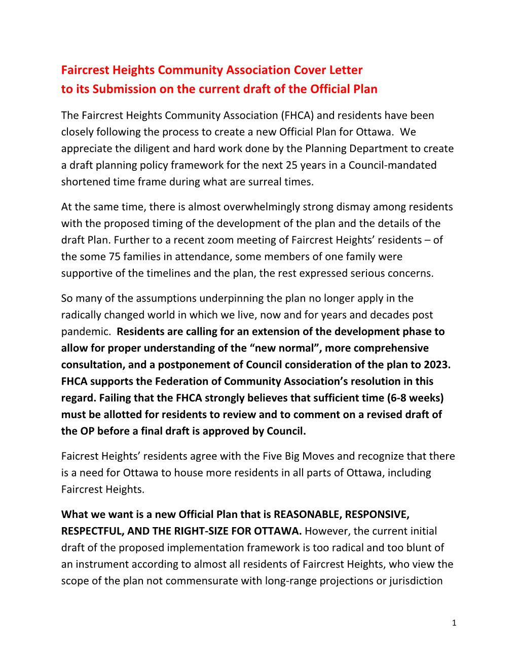 Faircrest Heights Community Association Cover Letter to Its Submission on the Current Draft of the Official Plan