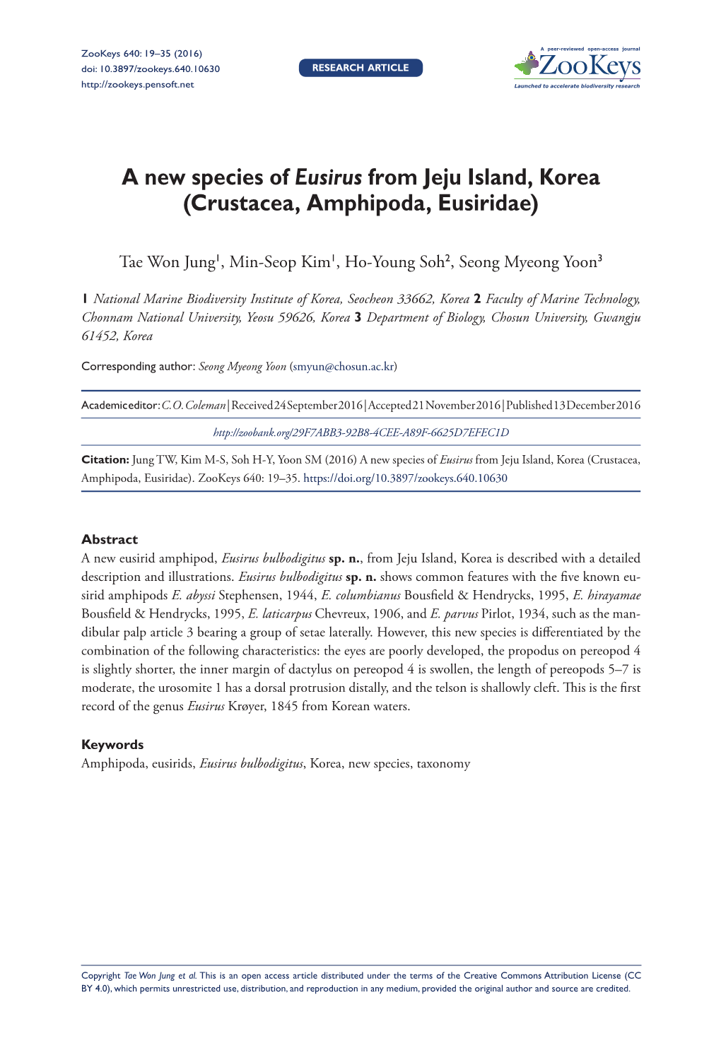 A New Species of Eusirus from Jeju Island, Korea (Crustacea, Amphipoda, Eusiridae)