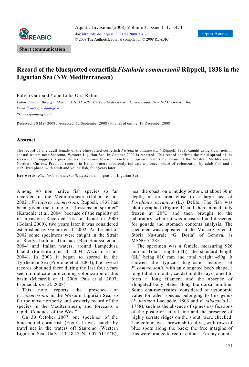 Record of the Bluespotted Cornetfish Fistularia Commersonii Rüppell, 1838 in the Ligurian Sea (NW Mediterranean)