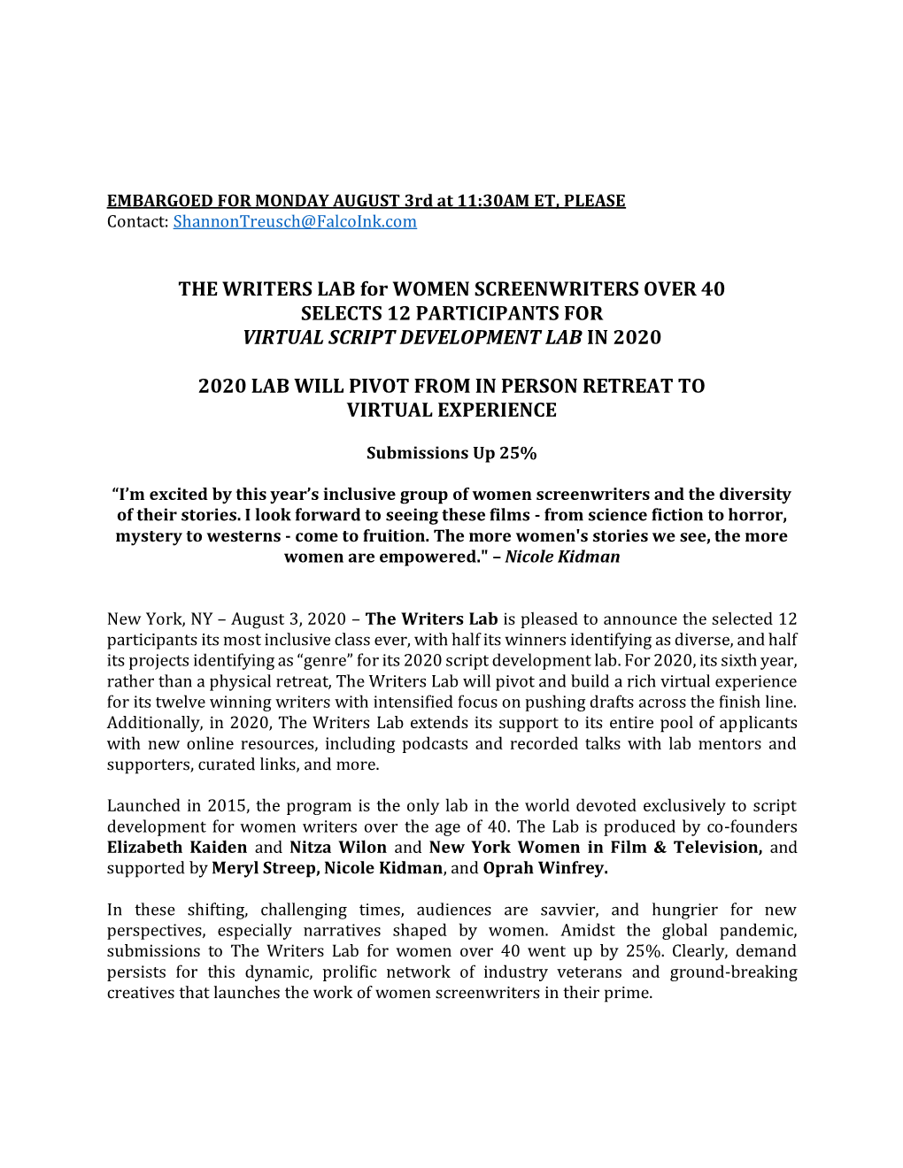 THE WRITERS LAB for WOMEN SCREENWRITERS OVER 40 SELECTS 12 PARTICIPANTS for VIRTUAL SCRIPT DEVELOPMENT LAB in 2020