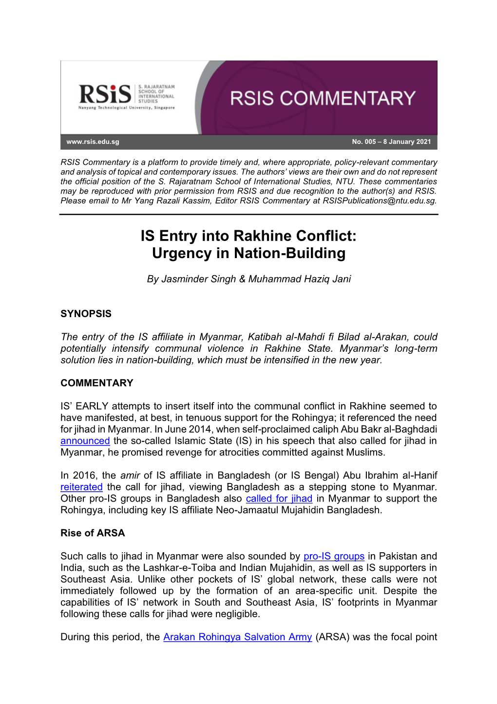 IS Entry Into Rakhine Conflict: Urgency in Nation-Building