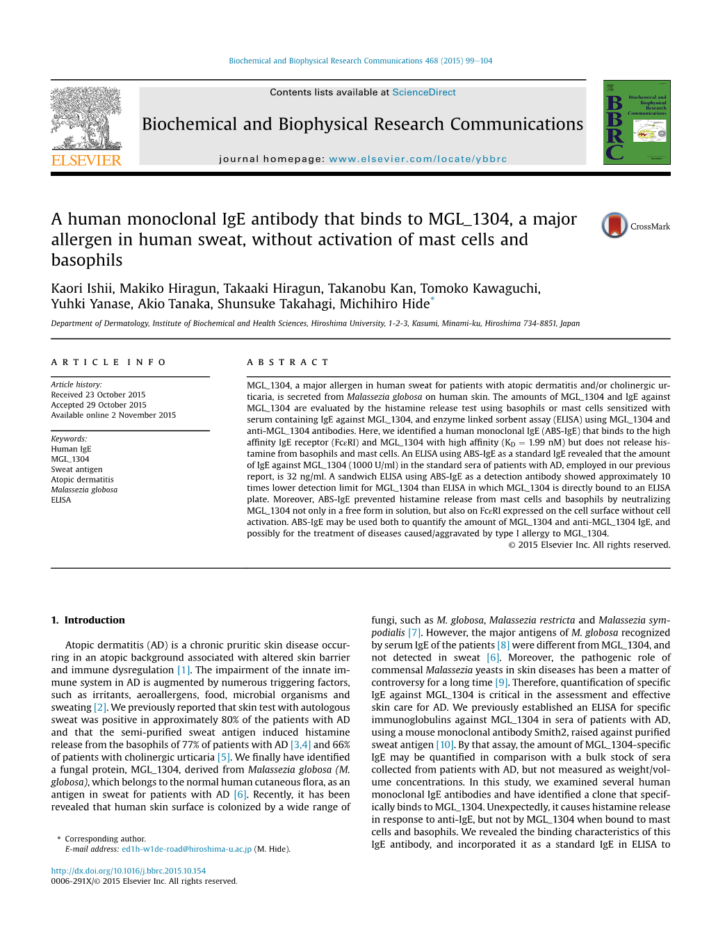 A Human Monoclonal Ige Antibody That Binds to MGL 1304, a Major Allergen in Human Sweat, Without Activation of Mast Cells and Basophils