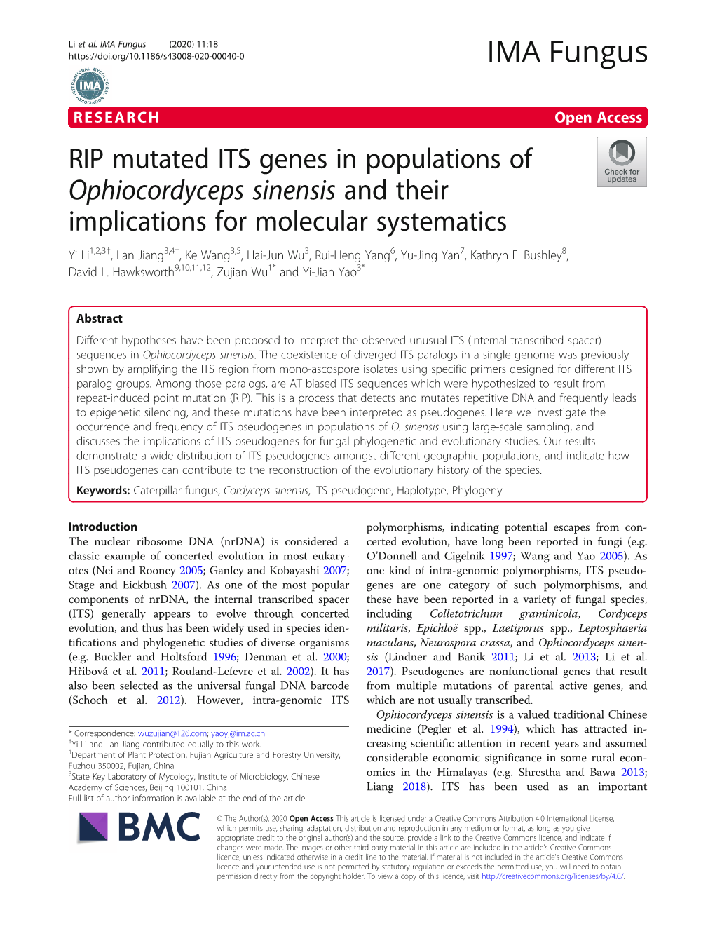 RIP Mutated ITS Genes in Populations of Ophiocordyceps Sinensis And