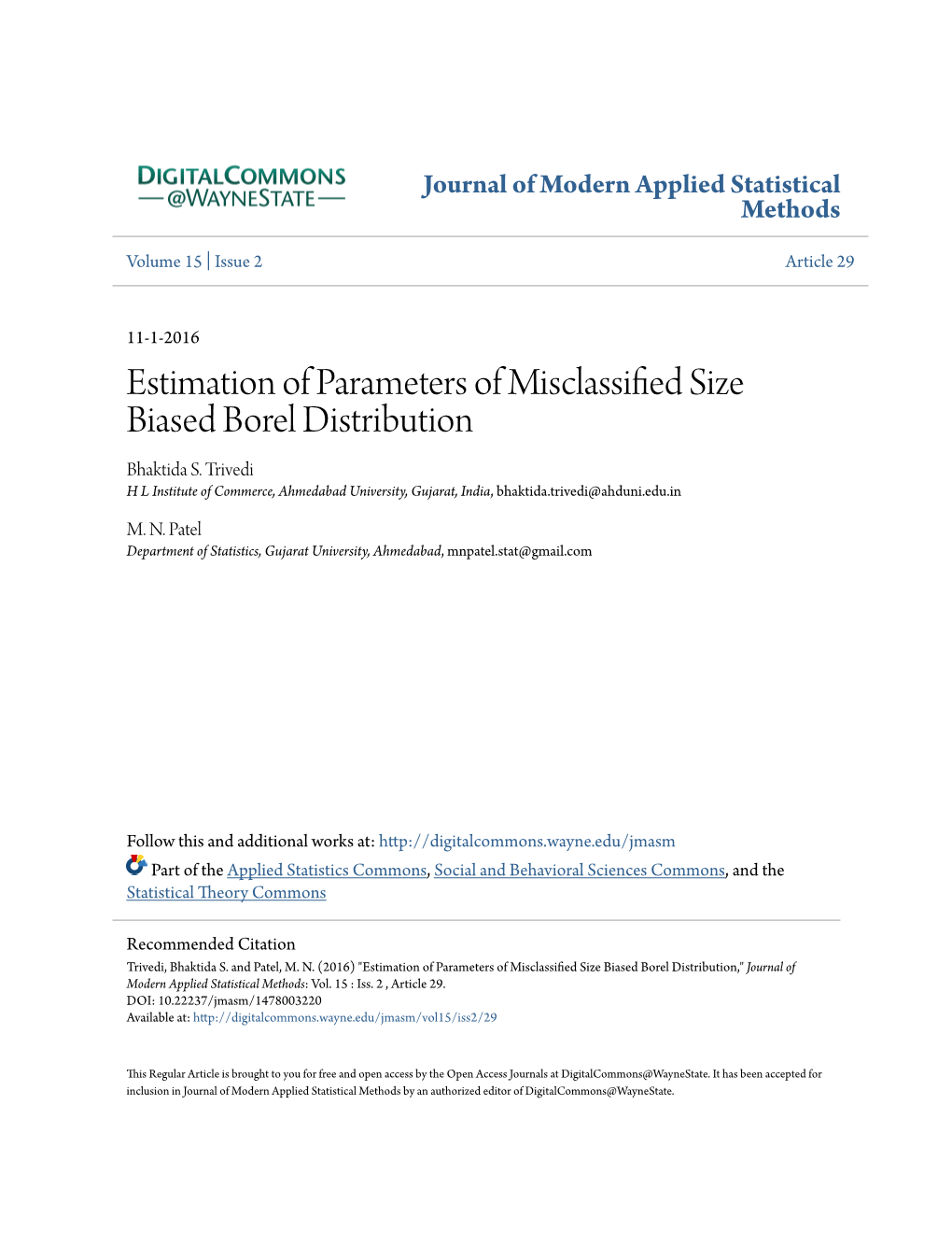 Estimation of Parameters of Misclassified Size Biased Borel Distribution," Journal of Modern Applied Statistical Methods: Vol