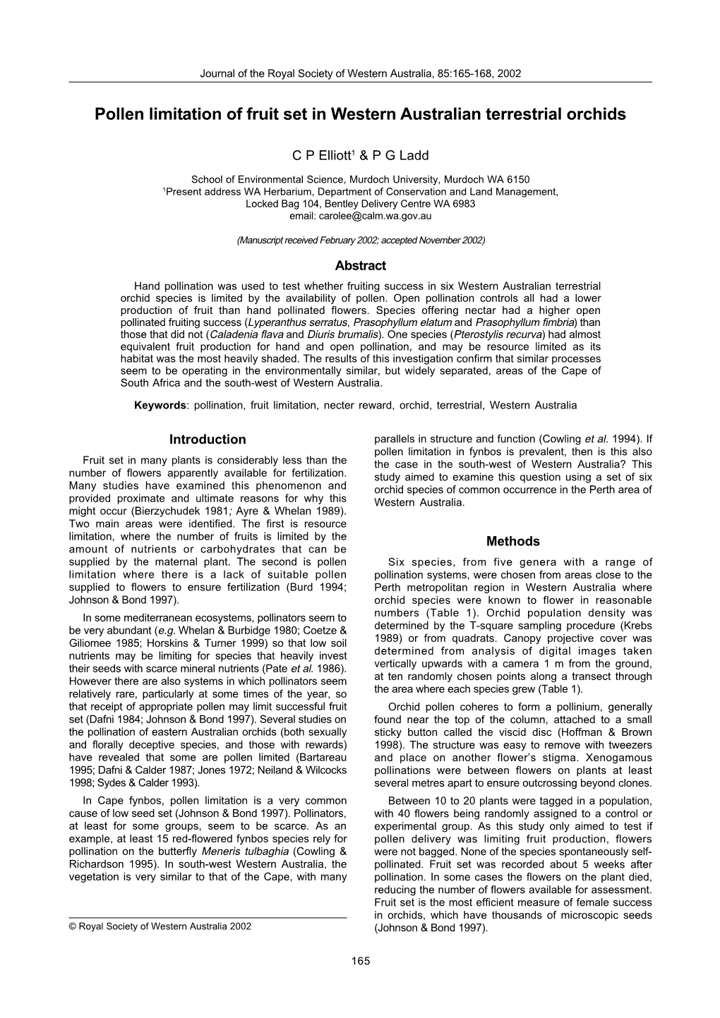 Pollen Limitation of Fruit Set in Western Australian Terrestrial Orchids