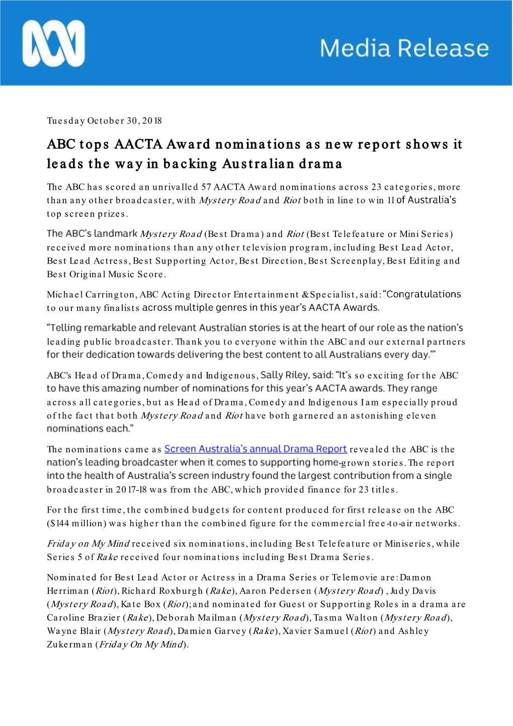 ABC Tops AACTA Award Nominations As New Report Shows It Leads the Way in Backing Australian Drama