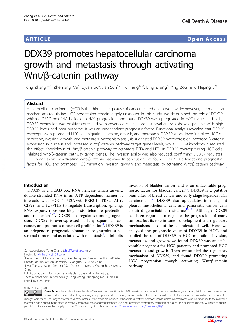 DDX39 Promotes Hepatocellular Carcinoma Growth and Metastasis