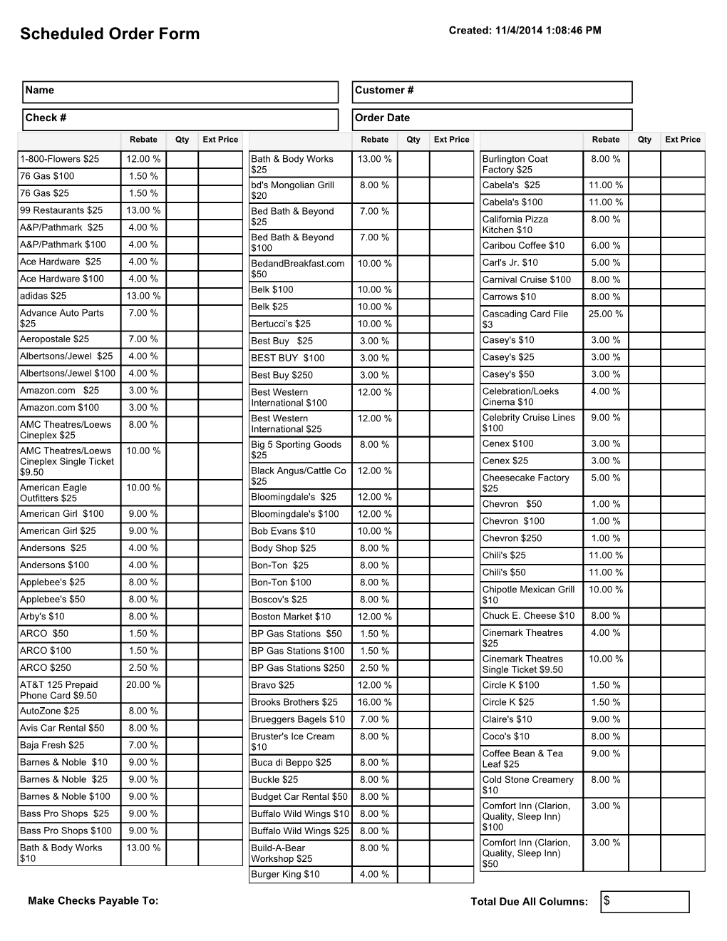 Scheduled Order Form Created: 11/4/2014 1:08:46 PM