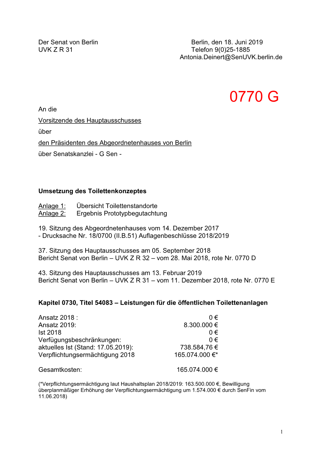 0770 G an Die Vorsitzende Des Hauptausschusses Über Den Präsidenten Des Abgeordnetenhauses Von Berlin Über Senatskanzlei - G Sen