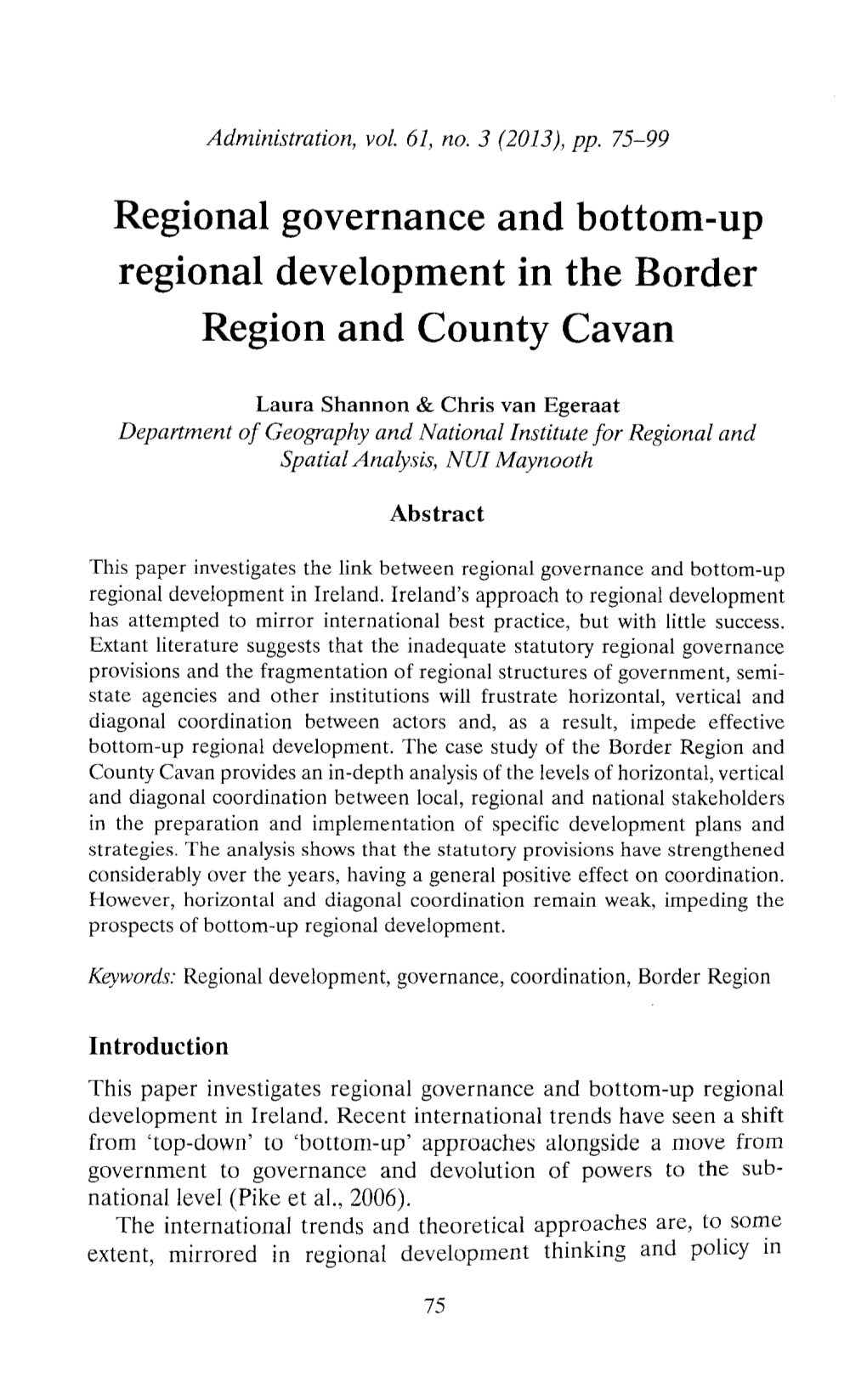 Regional Governance and Bottom-Up Regional Development in the Border Region and County Cavan